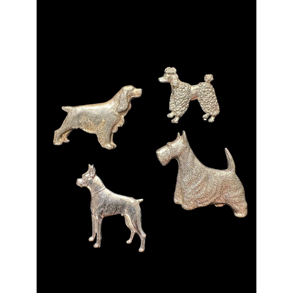 Lot Of 4 Silvertone Dog Pins: Schnauzer, Poodle, Boxer & Springer Spaniel 1-1.5"